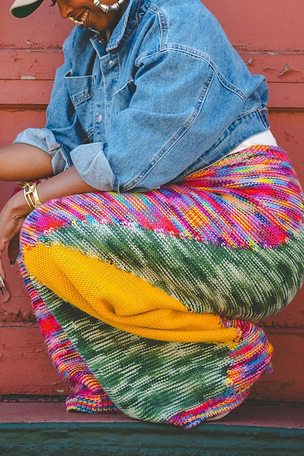 Fashion Colorblock Knitted Wide-Leg Pants