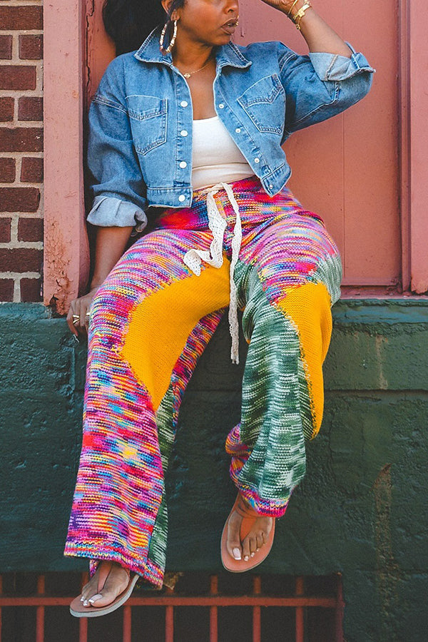 Fashion Colorblock Knitted Wide-Leg Pants