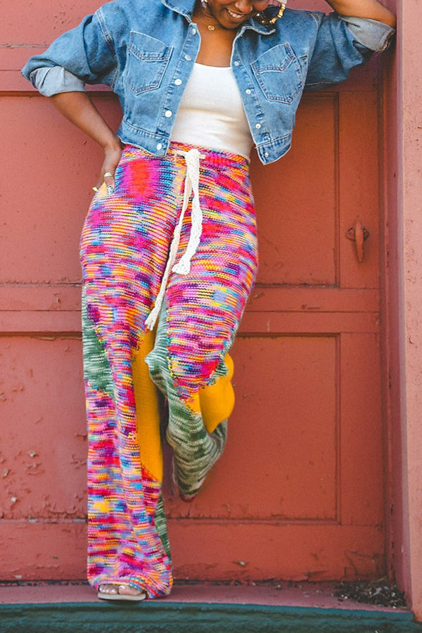 Fashion Colorblock Knitted Wide-Leg Pants