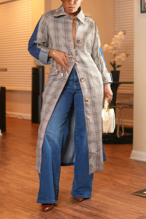Stylish Plaid Denim Patchwork Coat