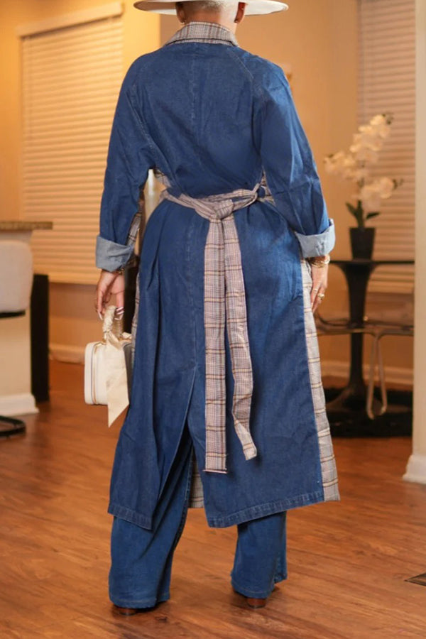 Stylish Plaid Denim Patchwork Coat