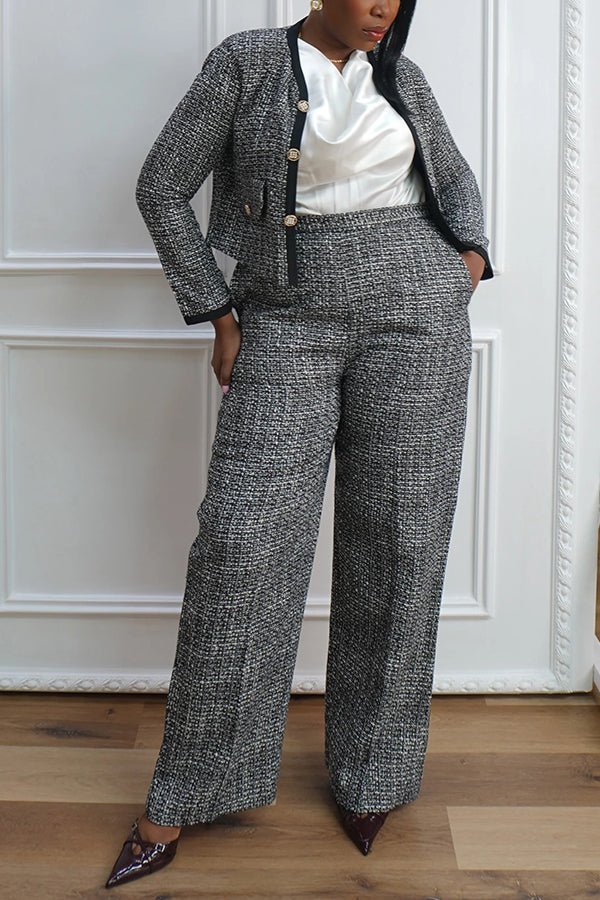 Elegant Contrast Piping Tweed Suit