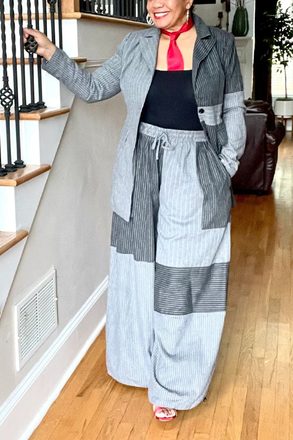 Stylish Colorblock Striped Blazer Set