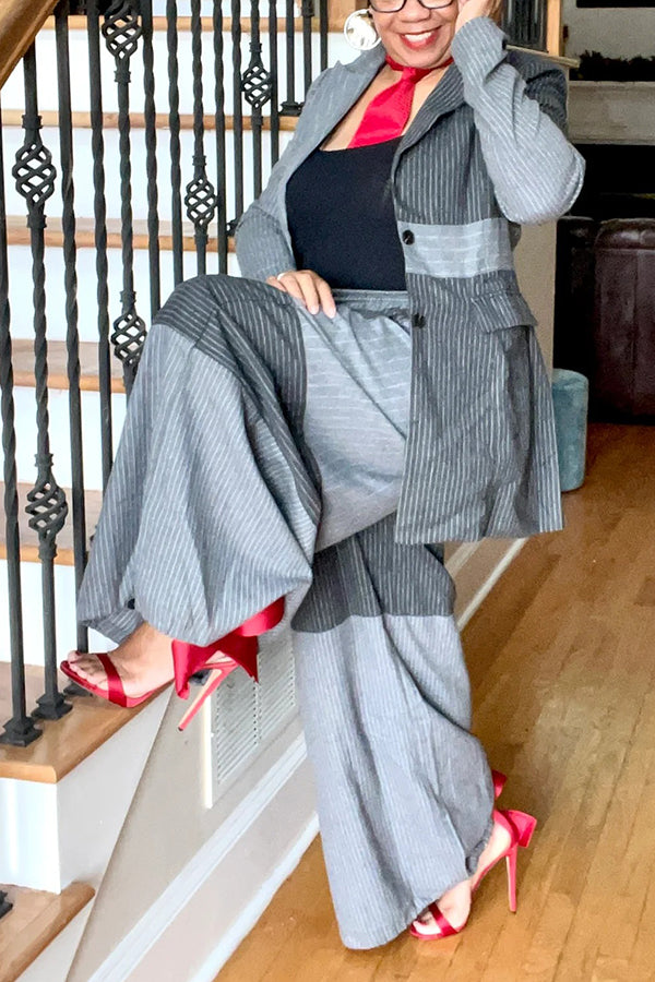 Stylish Colorblock Striped Blazer Set