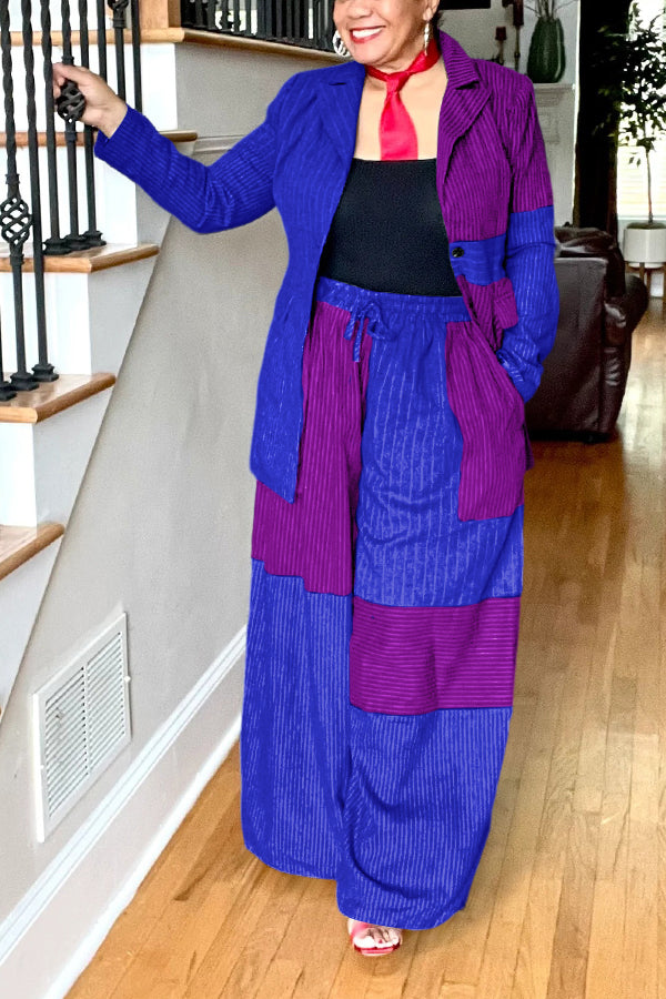 Stylish Colorblock Striped Blazer Set