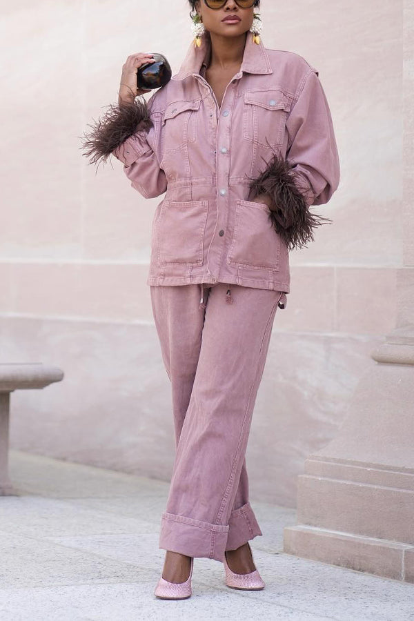 Fashionable Feather Trim Denim Suit