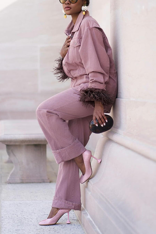 Fashionable Feather Trim Denim Suit