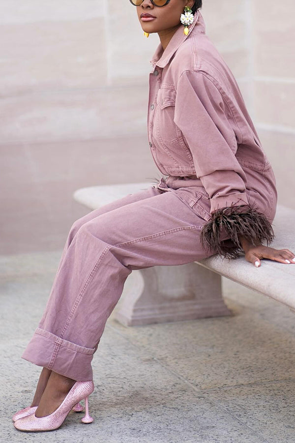 Fashionable Feather Trim Denim Suit