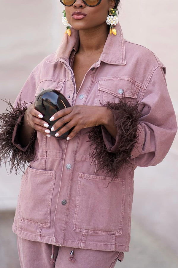 Fashionable Feather Trim Denim Suit