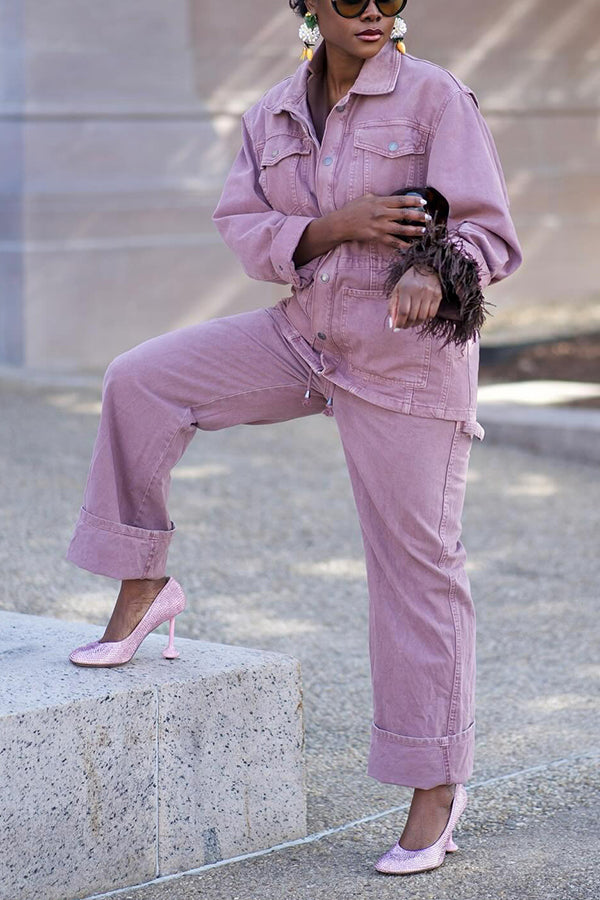 Fashionable Feather Trim Denim Suit