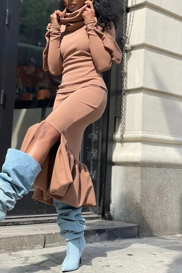 Chic Turtleneck Ruffled Top & Pencil Skirt