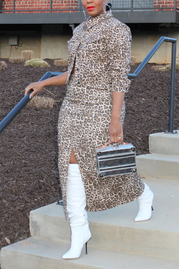 Stylish Leopard Denim Jacket & Slit Skirt