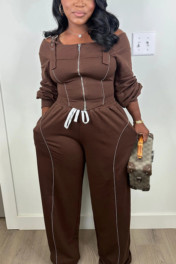 Stylish One-Shoulder Zip-Up Top & Pants