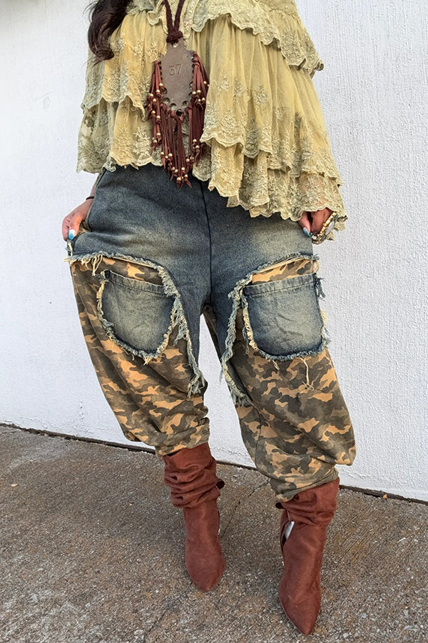 Fashion Camouflage Patchwork Frayed Jeans