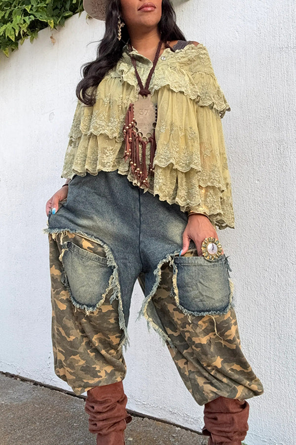Fashion Camouflage Patchwork Frayed Jeans