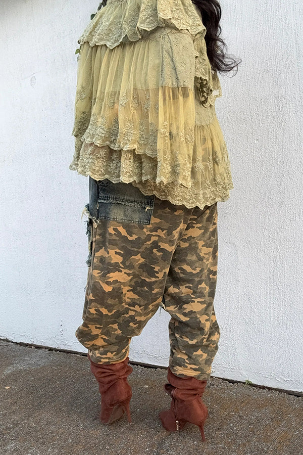 Fashion Camouflage Patchwork Frayed Jeans