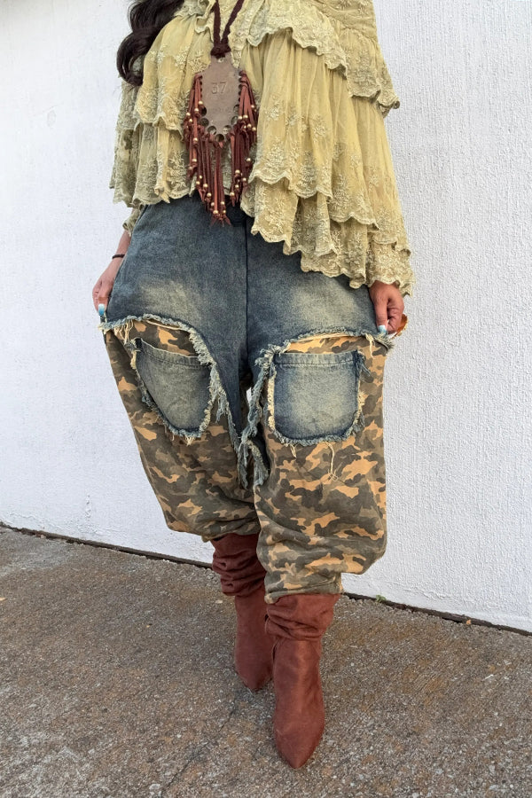 Fashion Camouflage Patchwork Frayed Jeans