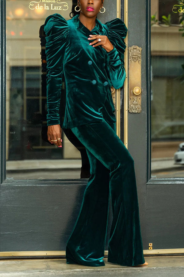 Elegant Velvet Pleated Puff Sleeve Blazer Set