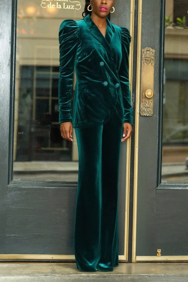 Elegant Velvet Pleated Puff Sleeve Blazer Set