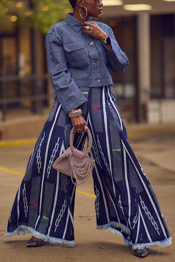 Stylish Striped Jacket & Frayed Wide-Leg Pants