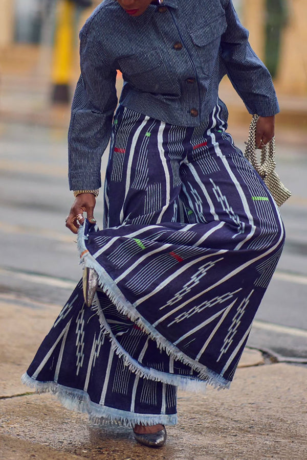 Stylish Striped Jacket & Frayed Wide-Leg Pants