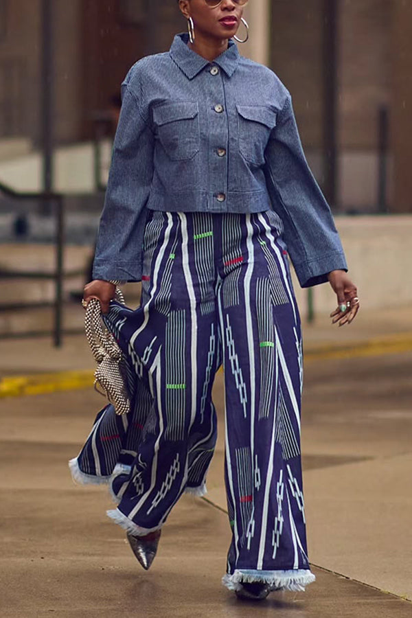 Stylish Striped Jacket & Frayed Wide-Leg Pants