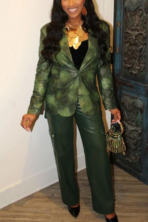 Stylish Faux-Washed Blazer & Faux-Leather Cargo Pants