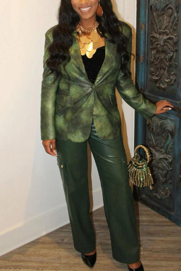 Stylish Faux-Washed Blazer & Faux-Leather Cargo Pants