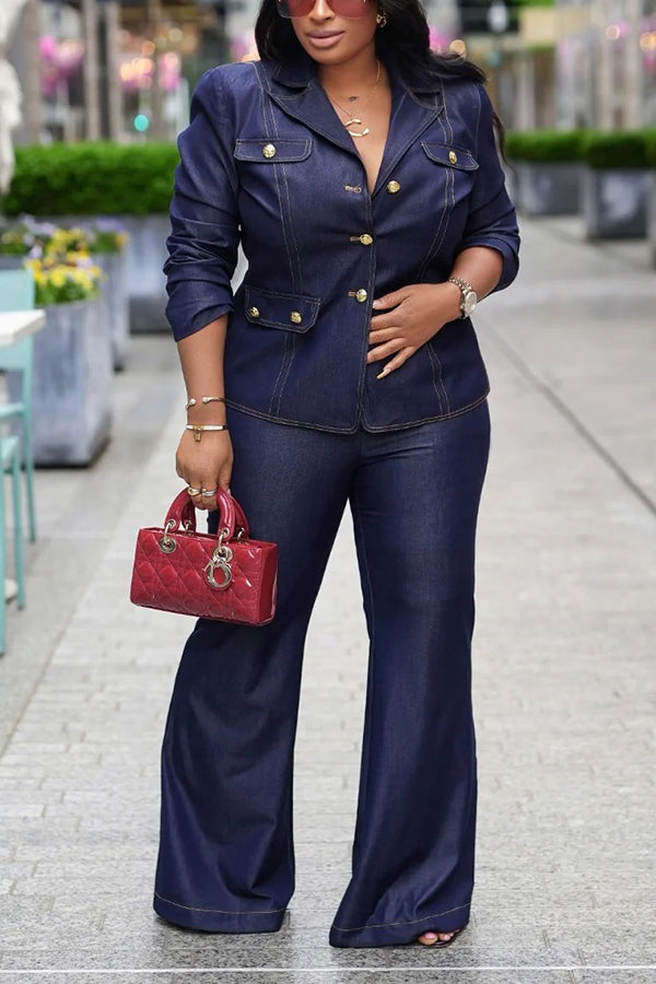 Stylish Gold Button Denim Blazer Set