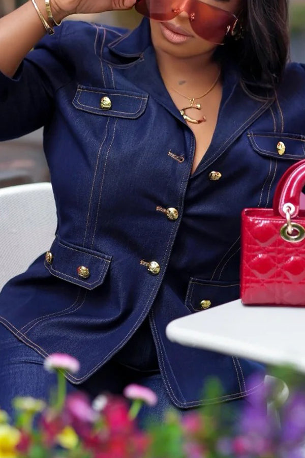 Stylish Gold Button Denim Blazer Set