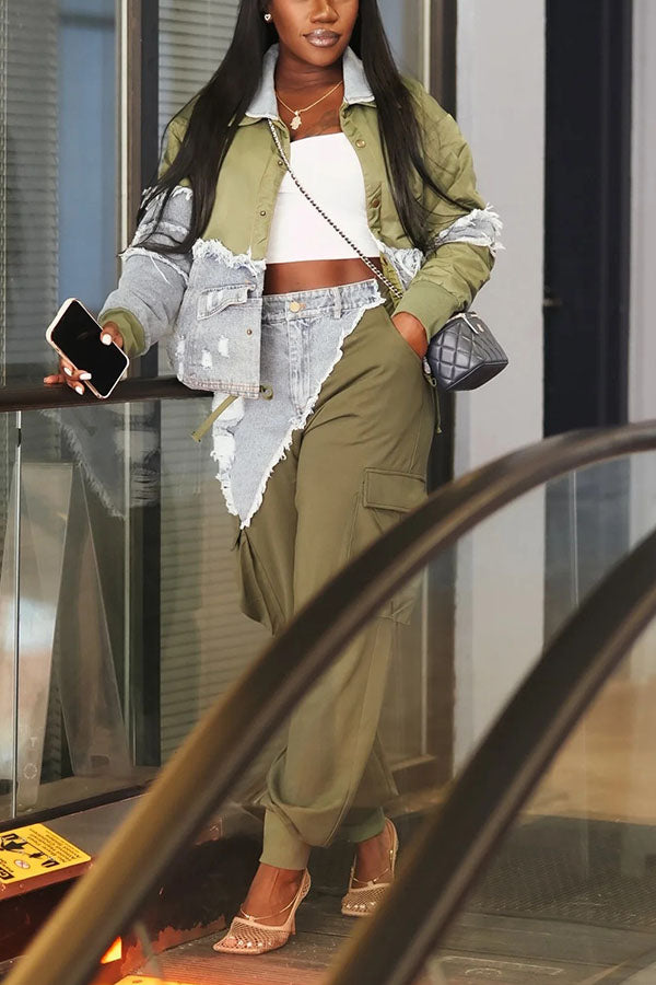 Stylish Denim Patchwork Bomber Jacket & Joggers Pants 