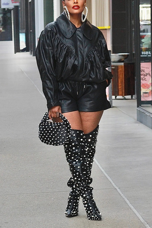 Stylish Pleated Leather Jacket & Drawstring Shorts