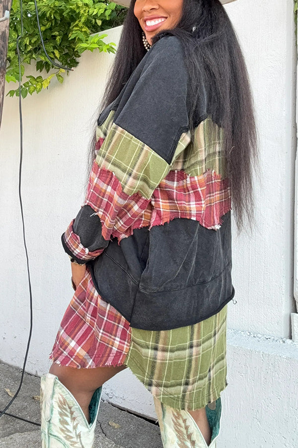Fashionable Colorblock Plaid Patch Shirt Dress