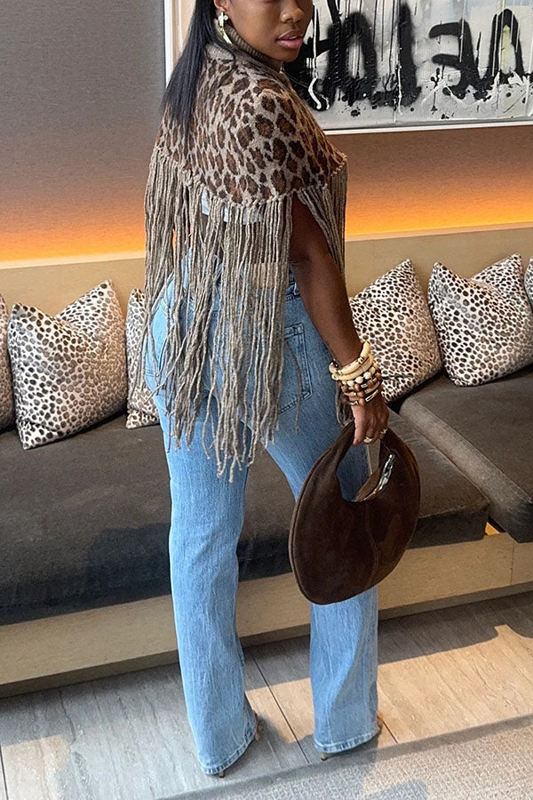 Fashionable Leopard Print Tassel Sweater Cape