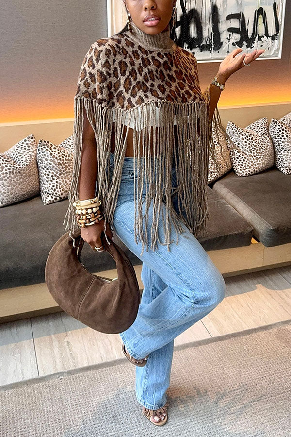 Fashionable Leopard Print Tassel Sweater Cape