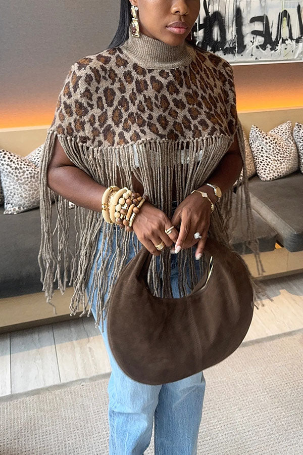 Fashionable Leopard Print Tassel Sweater Cape