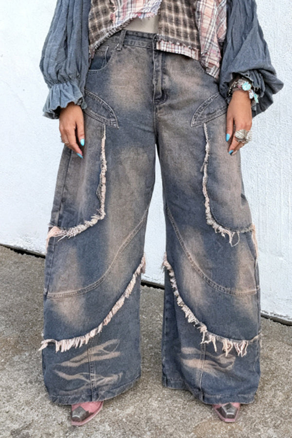 Fashionable Multi-Layered Frayed Wide-Leg Jeans