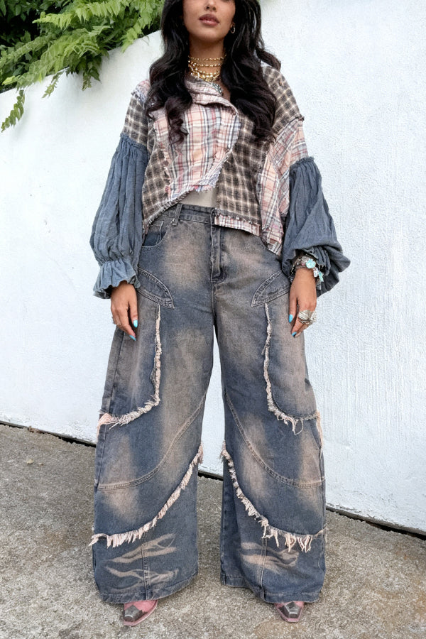 Fashionable Multi-Layered Frayed Wide-Leg Jeans