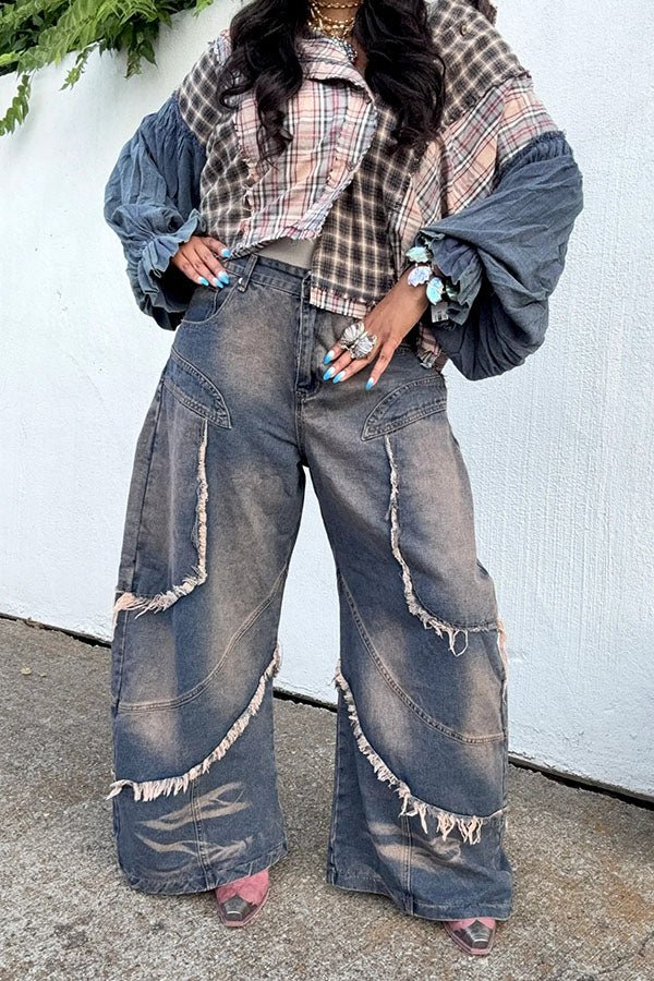 Fashionable Multi-Layered Frayed Wide-Leg Jeans