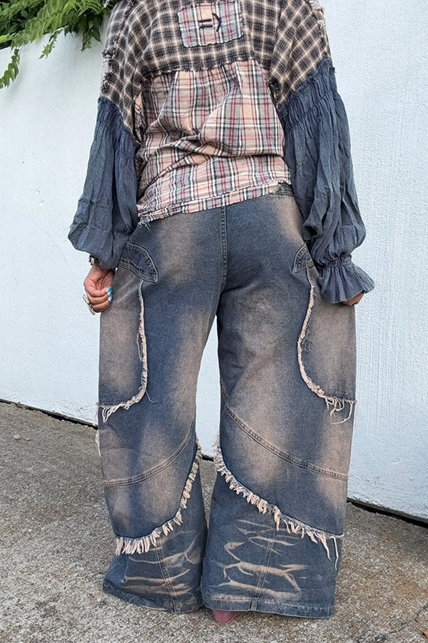 Fashionable Multi-Layered Frayed Wide-Leg Jeans
