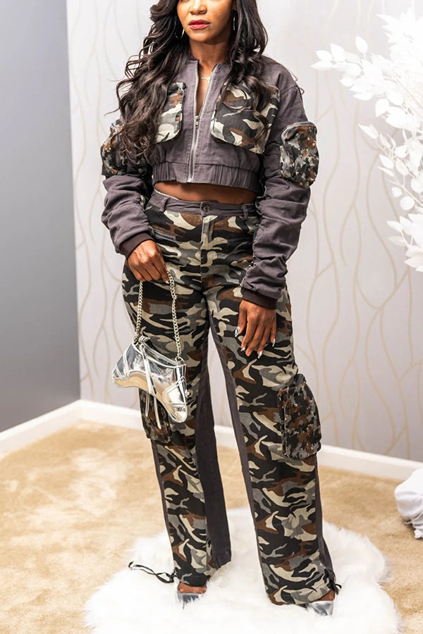 Stylish Camouflage Patchwork Cargo Suit