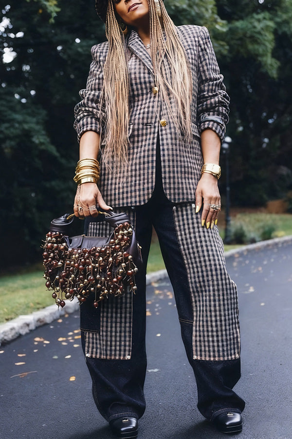Chic Plaid Denim Patchwork Blazer Set