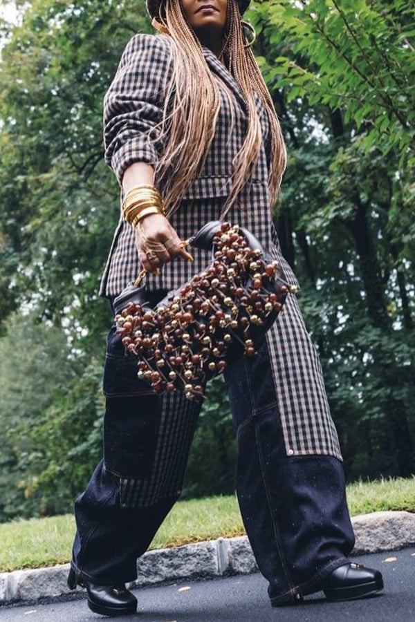 Chic Plaid Denim Patchwork Blazer Set