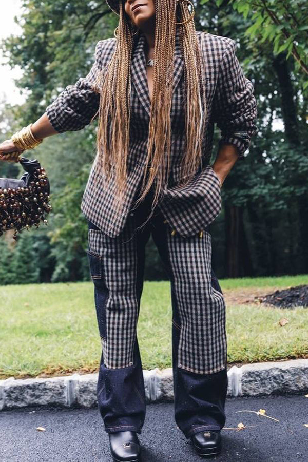 Chic Plaid Denim Patchwork Blazer Set