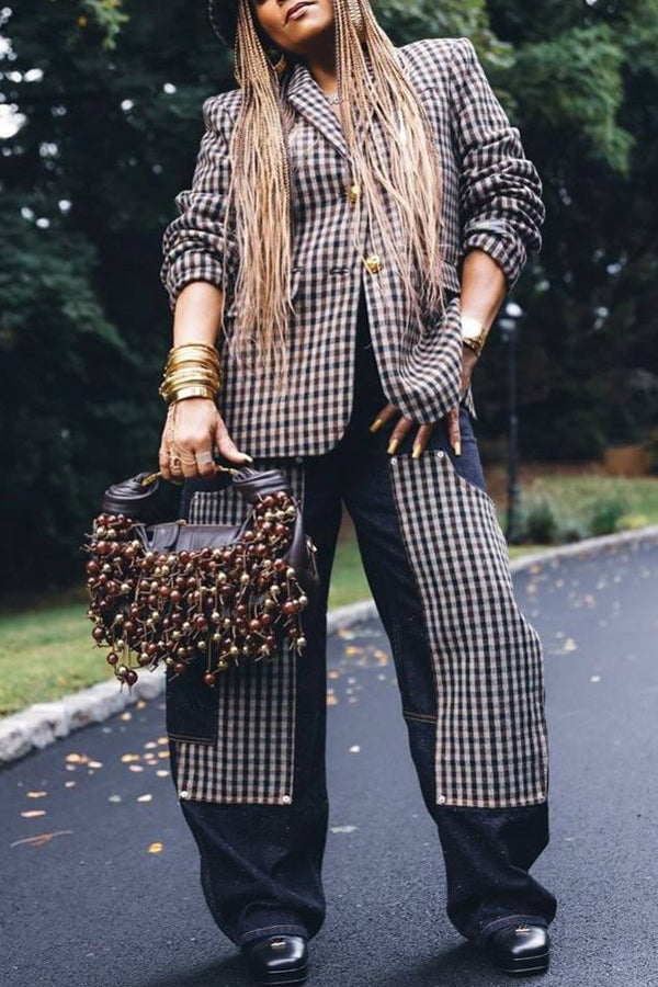 Chic Plaid Denim Patchwork Blazer Set