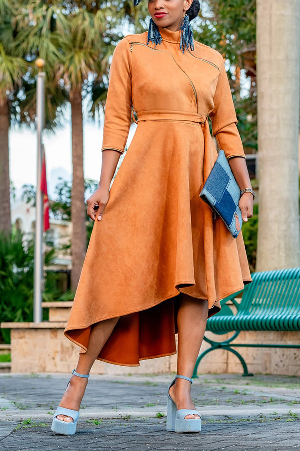 Fashion High-Low Irregular Zipper Suede Dress