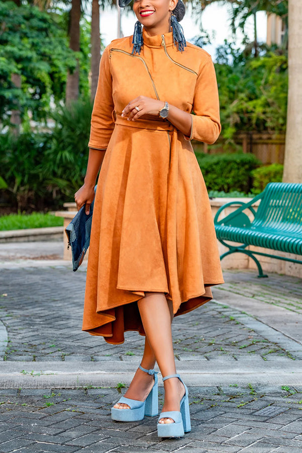 Fashion High-Low Irregular Zipper Suede Dress