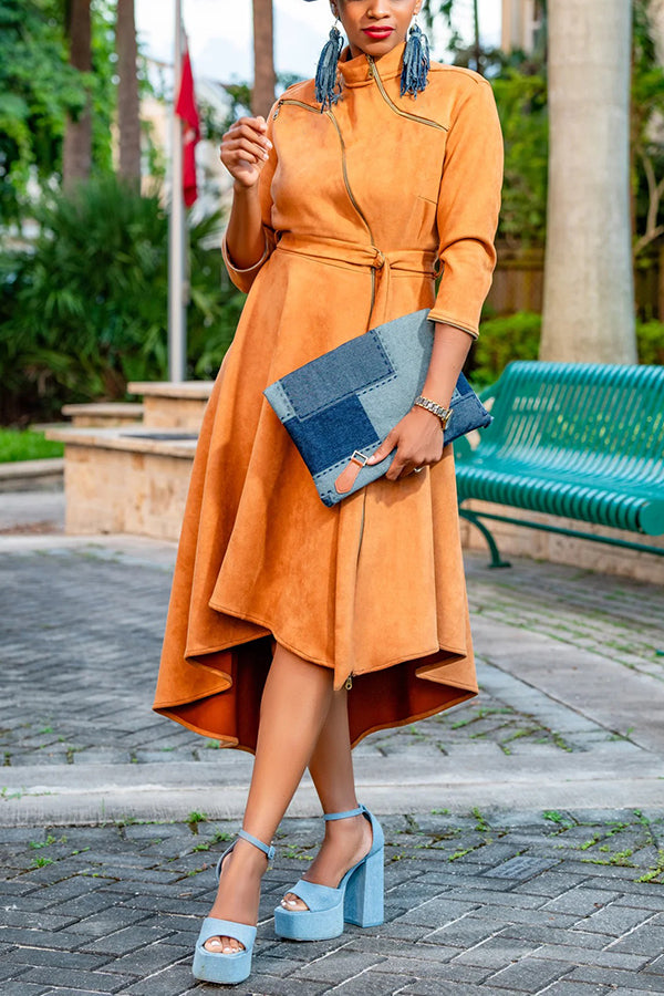 Fashion High-Low Irregular Zipper Suede Dress