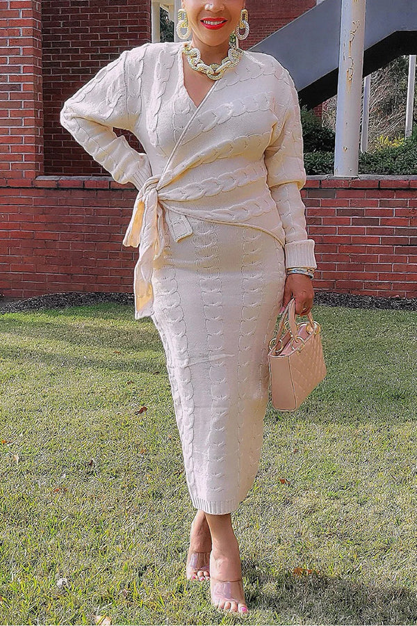 Stylish Knitted V Neck Wrapped Midi Dress