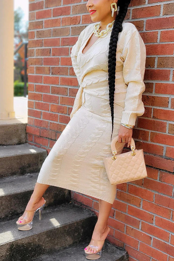 Stylish Knitted V Neck Wrapped Midi Dress
